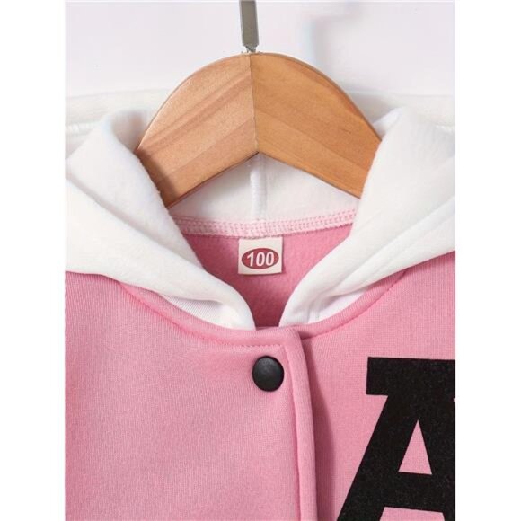 Fleece Coat, Autumn and Winter Daily Casual Hooded Long-Sleeved, Pink & White - Picture 3 of 6